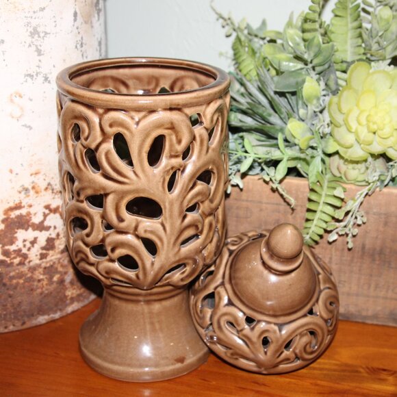 NEW Ornate 15" French Country Cottage Ceramic Filigree Urn Pedestal Jar - Picture 1 of 5
